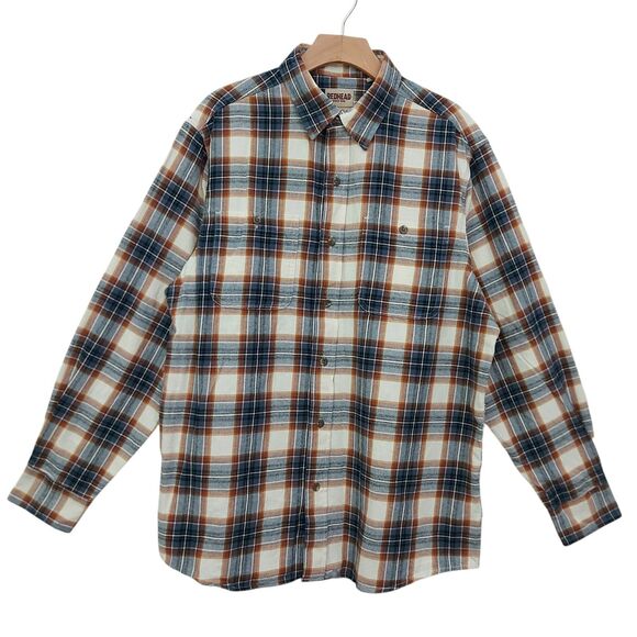 RedHead Flannel Shirt Mens Large Brown Blue Plaid Long Sleeve Cotton Outdoor - Picture 1 of 12